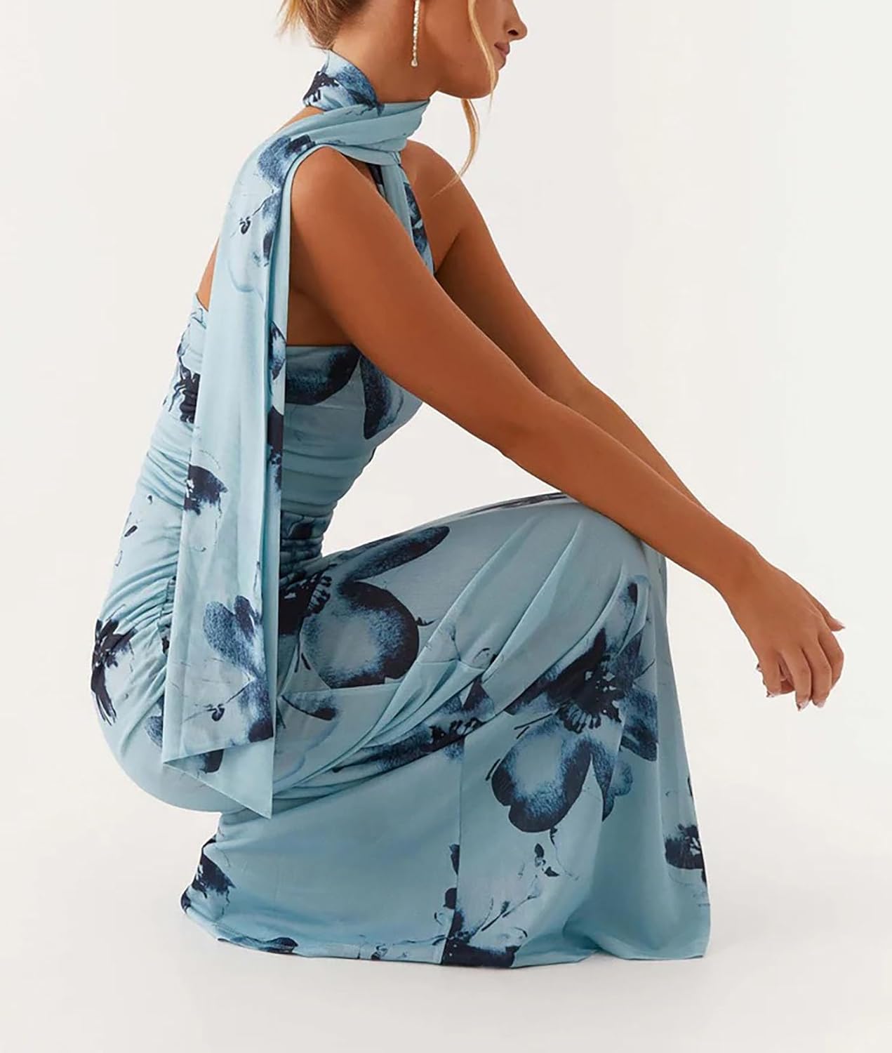 Women Summer Dress Floral Formal Wedding Guest Dress Strapless Tube Dress with Scarf Cocktail Long Maxi Dresses
