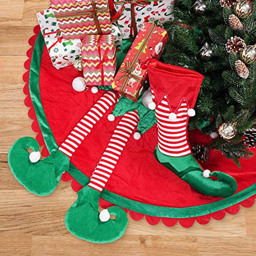 Tangjing 48" Big Elf Christmas Tree Skirt With Candy Striped Legs And Ripple Trim Border, Xmas Elf Themed Decoration,Tree Ornaments, Santa Helper Under Tree Ideas And Accessories Tree Mat For Party #TOP3