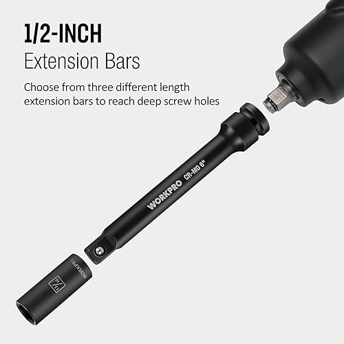 Miniatura 5 de WORKPRO Juegos de barras de extensión de impacto de 1/2 pulgada, 3 piezas de 3, 6, 8 pulgadas, extensión de zócalo de acero CR-MO endurecido y