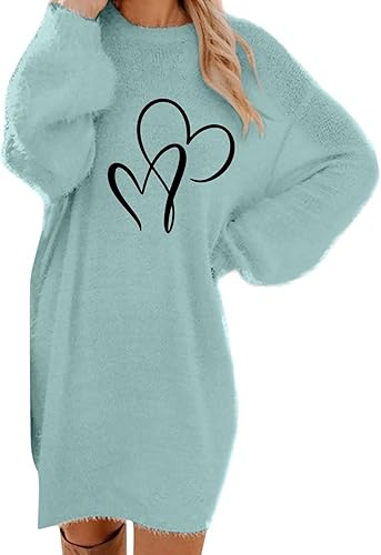 Sweaters for Women Black of Friday Christmas Heart Pattern Knitted Cozy O-Neck Cute Loose Pullover Plush Sweater Dress