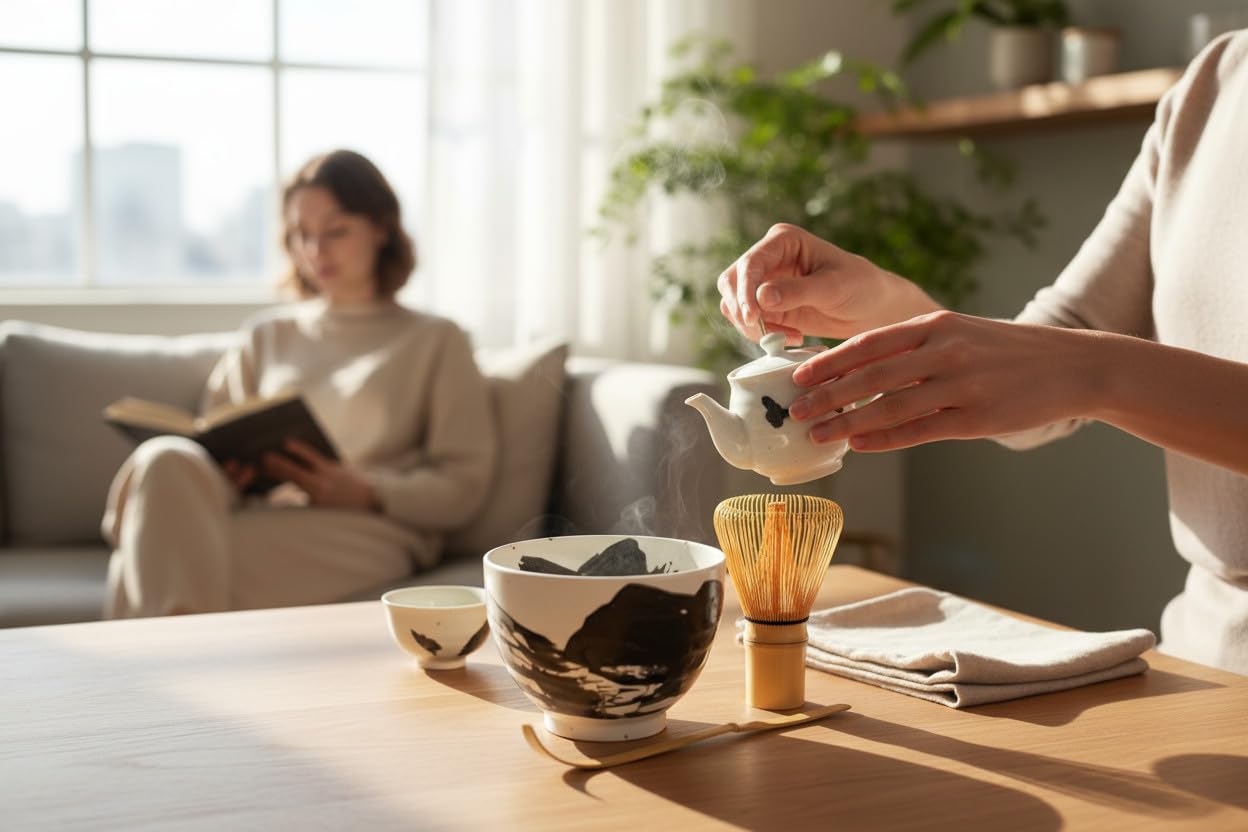 Juego de 4 cuencos japoneses originales con escoba y cuchara Edo Japan con caja de regalo Matcha escoba Chasen, espiga de matcha, soporte para espiga, cuchara de bambú Matcha, Chashaku (Shiro Kuro)