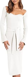 Sponsored Ad - Prinbara Women's Long Sleeve Sweetheart Neck Ribbed Knit Tie Waist Bodycon Midi Sweater Dress