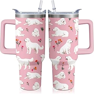 40oz Great Pyrenees Dog Tumbler with Handle and Straw, Funny Stainless Steel Insulated Cup with Lid and Straw, Travel Coff...
