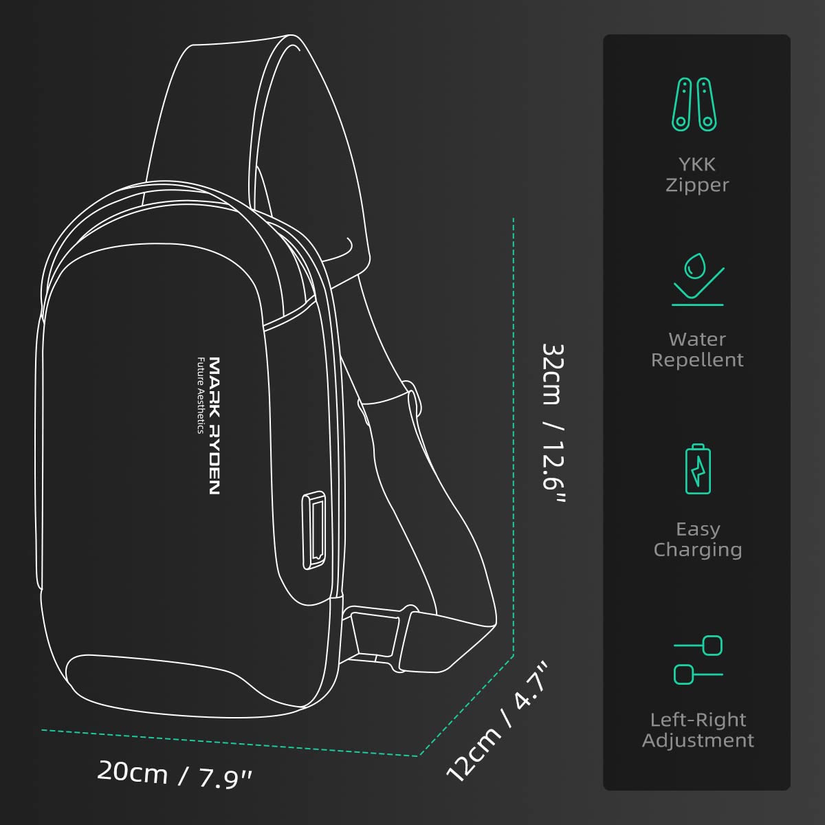 MARK RYDEN Zaino Monospalla Uomo, Borsa a tracolla Impermeabile, di ricarica USB antifurto,Zaino a tracolla per lavoro/Trekking/Ciclismo/Viaggio/Sports（Grigio）
