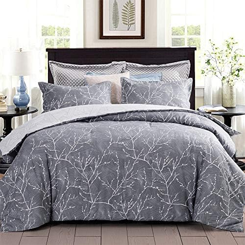 SexyTown Cotton Grey Tree Branch Comforter Queen Set,Gray and White Botanical Geometric Printing Bedding Down Alternative Comforter All Season Soft 3-Piece (1 Botanical Comforter + 2 Pillow Shams)