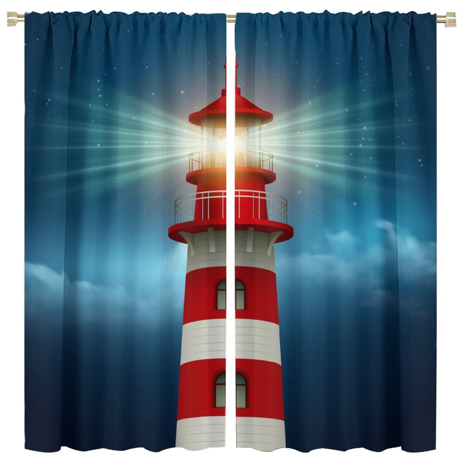 Lighthouse Curtain Red and White Bright Lighthouse Blackout Print Rod Pocket Window Drapes for Bedroom Living Room 84x84in