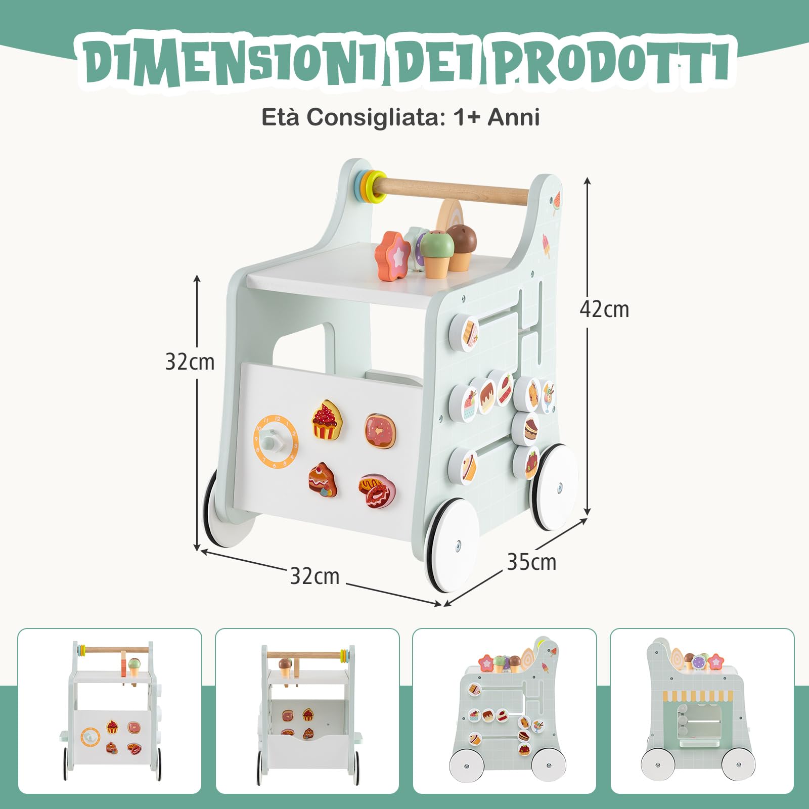 GYMAX Girello per Bambini in Legno 2-in-1, Carrello Primi Passidei Gelati con Accessori Interattivi e Ruote Antiscivolo, Cucina Giocattolo Montessori con Ruote, per Bambino 1 Anno + (Verde-1)
