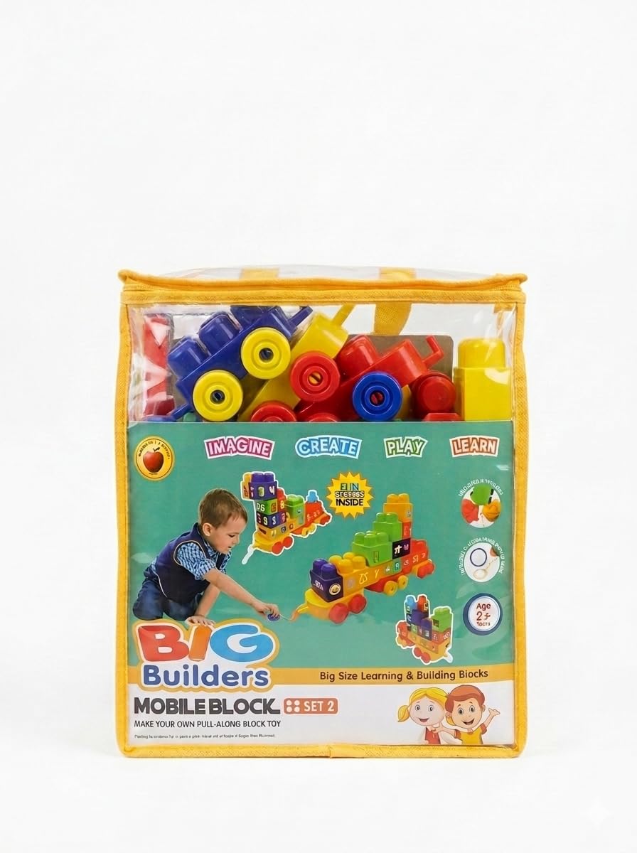 Big Builders Mobile Block Set 2, Big Size Learning Building Blocks | Ages 2+, Pull-Along Block Toy, 88 Pieces, Imagine Create Play, Fun Stickers Inside-image-9