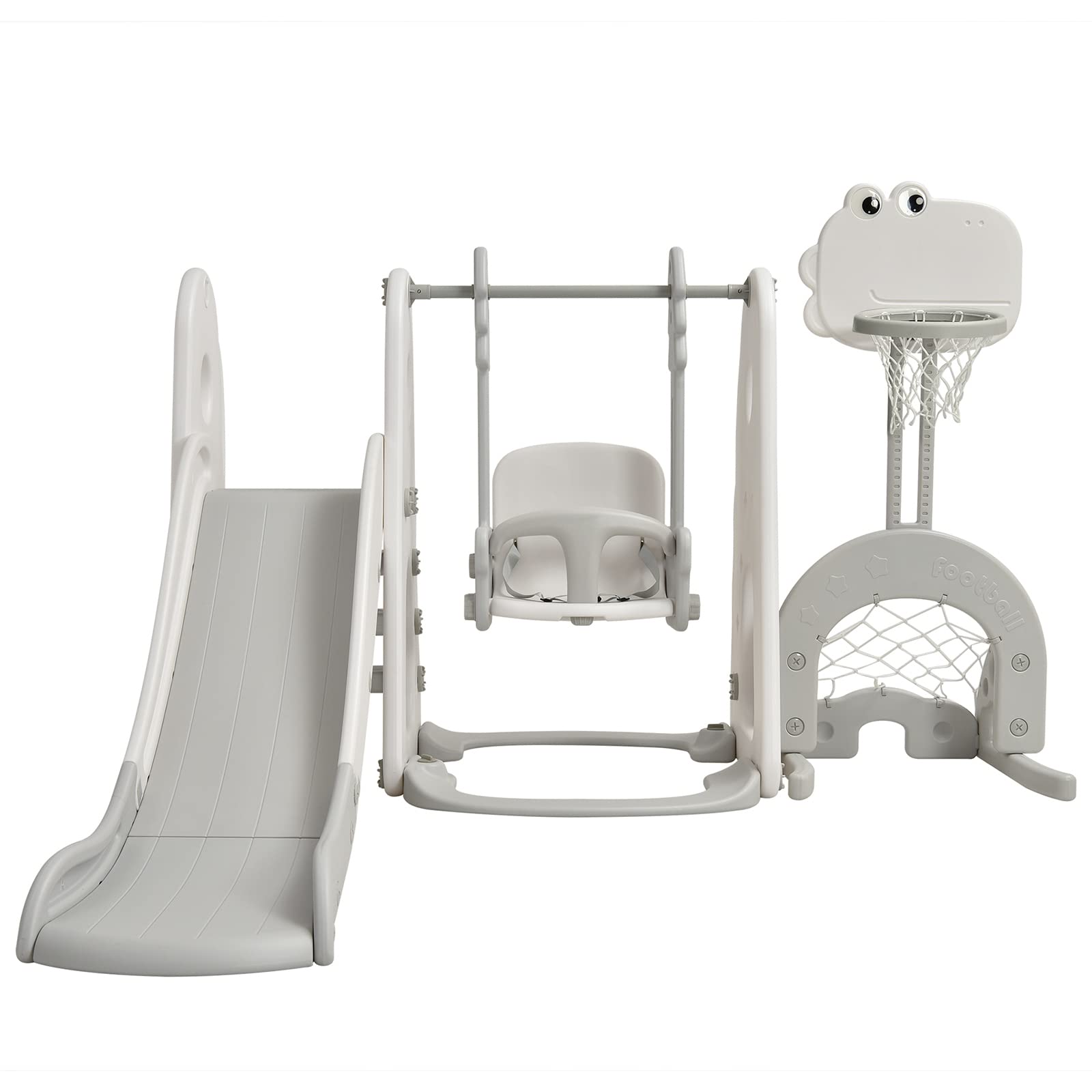 6 in 1 Toddler Slide and Swing Set, Children Playground Playset withBasketball Hoop, Long Slide and Climb Ladder, Kids Activity Center for Indoor Outdoor (White+grey)
