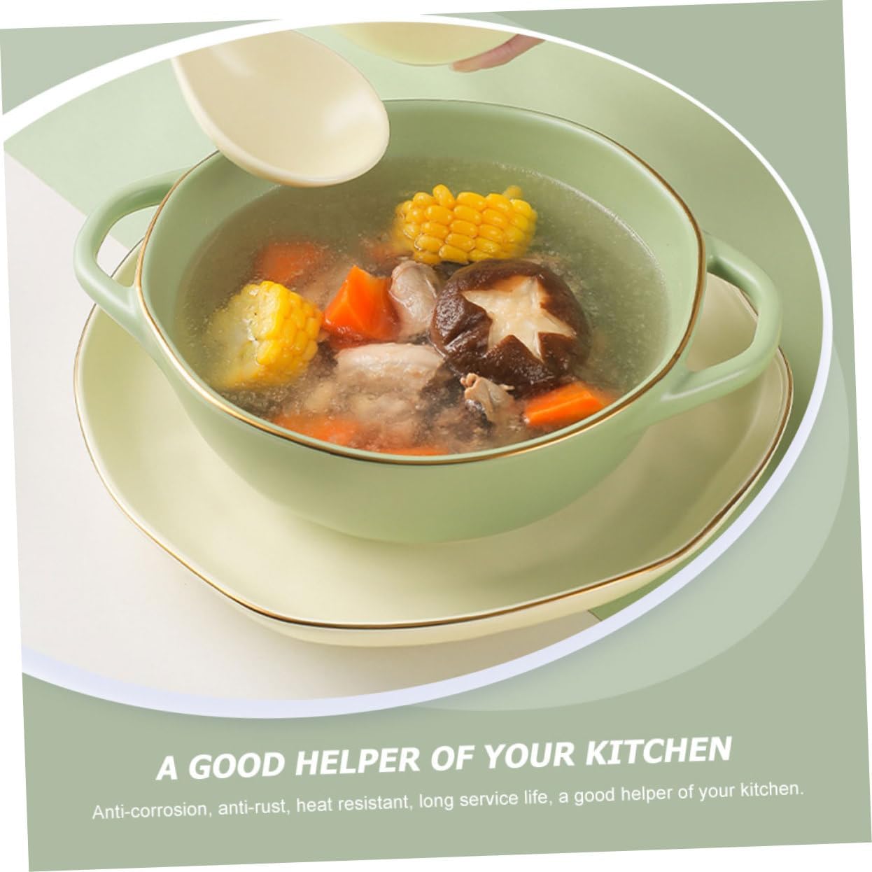 Ceramic Double Handle Baking Bowl for Rice and Salad Heavy-duty Kitchen Condiment Mixing Dish Stackable and Scratch Resistant for Serving Soup and Noodles Matcha Green