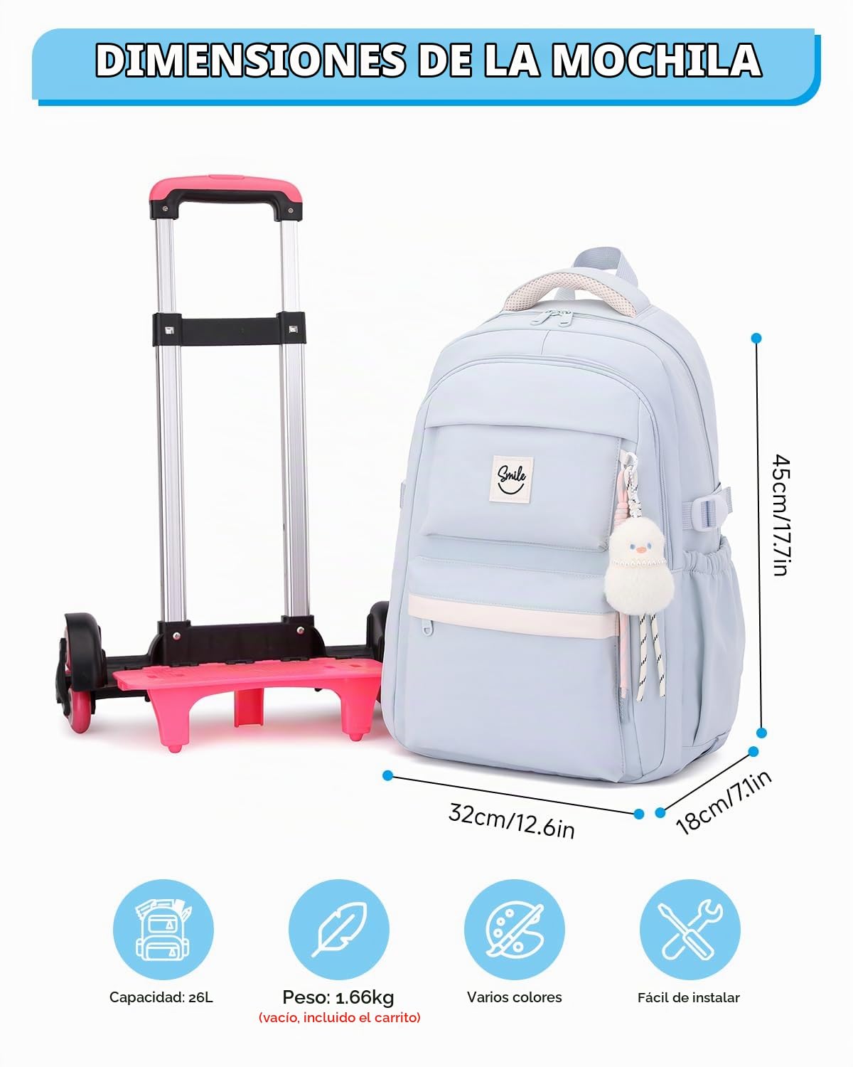 Tanou Mochilas Escolares con Ruedas para Niñas, Mochila Instituto para Adolescentes Chicas con Trolley Desmontable, 26L Mochila Casual con Carro de 6 Ruedas, Azul