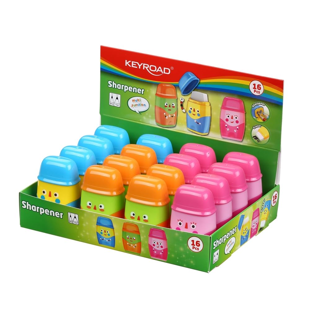KEYROAD Hello Ergonomic Double Pencil Sharpener with Eraser / 16 Pieces/Plastic/Steel Blades/Pencils and Crayons/Mixed Colours/Sharpener Sharpener