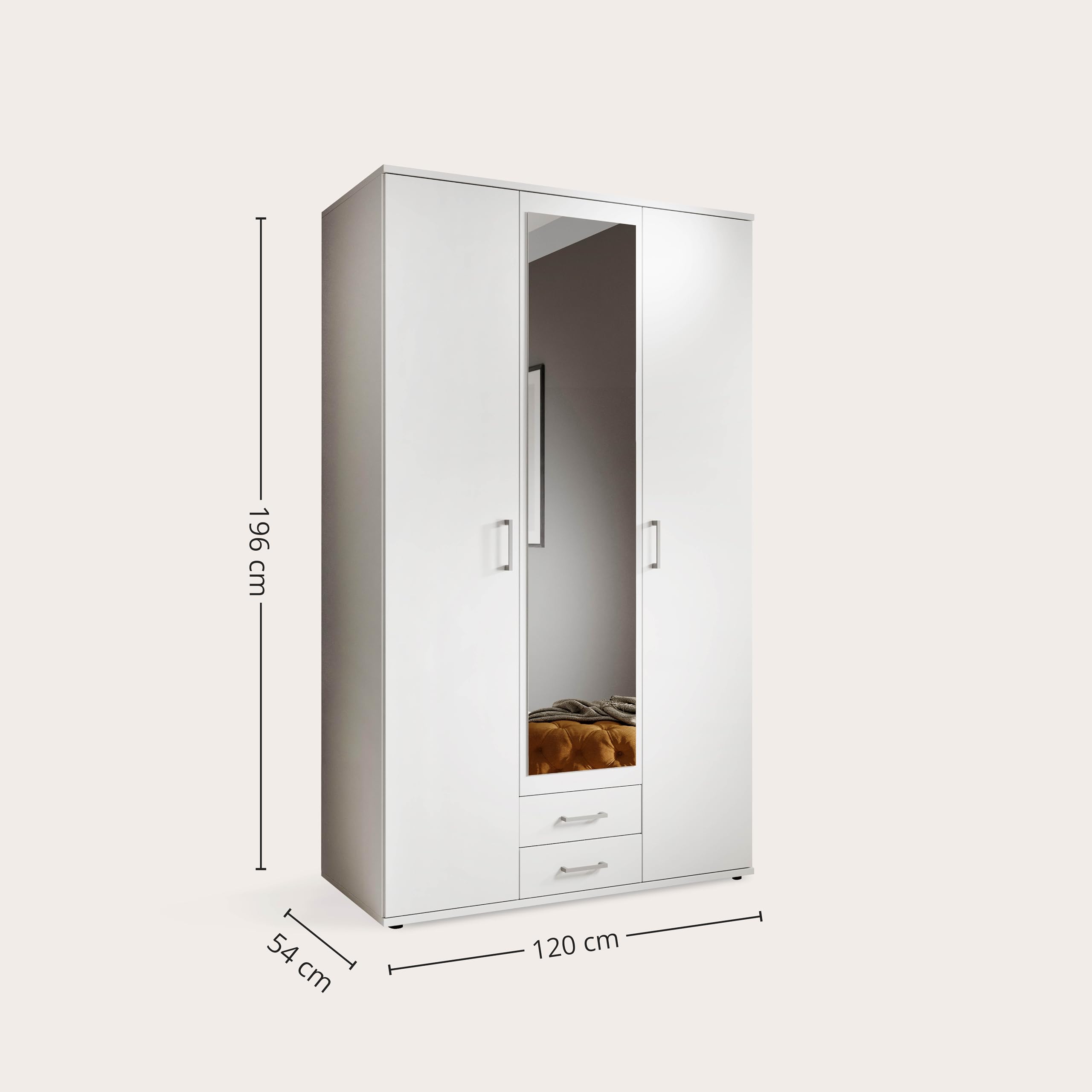 Stella Trading KARL Eleganter Kleiderschrank 3-türig mit viel Stauraum - Vielseitiger Drehtürenschrank in Weiß mit Spiegeltür - 120 x 195 x 55 cm (B/H/T)
