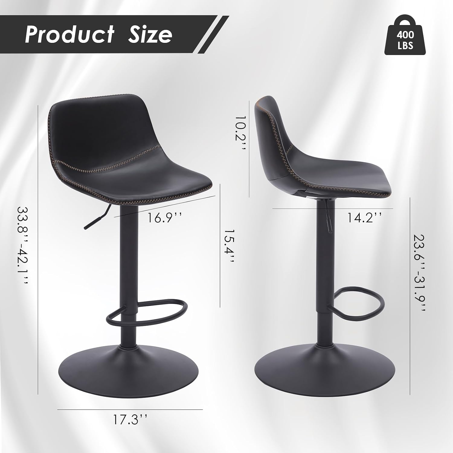 Adjustable Bar Stools Set of 2, Mid Century Modern Swivel Bar Stools, Industrial Bar Height Stools with Back Support Counter Height Bar Chairs Pu Leather Bar Stool for Kitchen Island Rustic Barstools