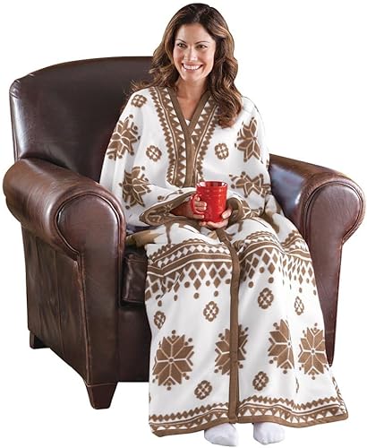 Collections Etc Nordic Snowflake Blue and White Cuddle Fleece Wrap con cremallera, cuenta con árboles de hoja perenne, ciervos y nieve