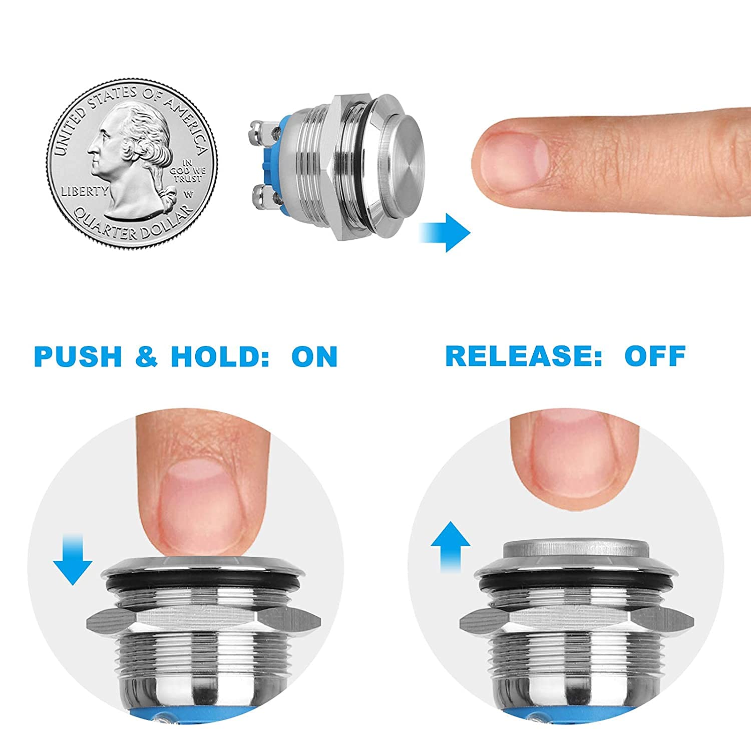 GUUZI 5pcs Pulsadores Momentáneos Impermeables de 22mm 5A 12V/24V/125V/250VAC con Terminales de Tornillo, Pulsador de Acero Inoxidable (Cabeza Alta)
