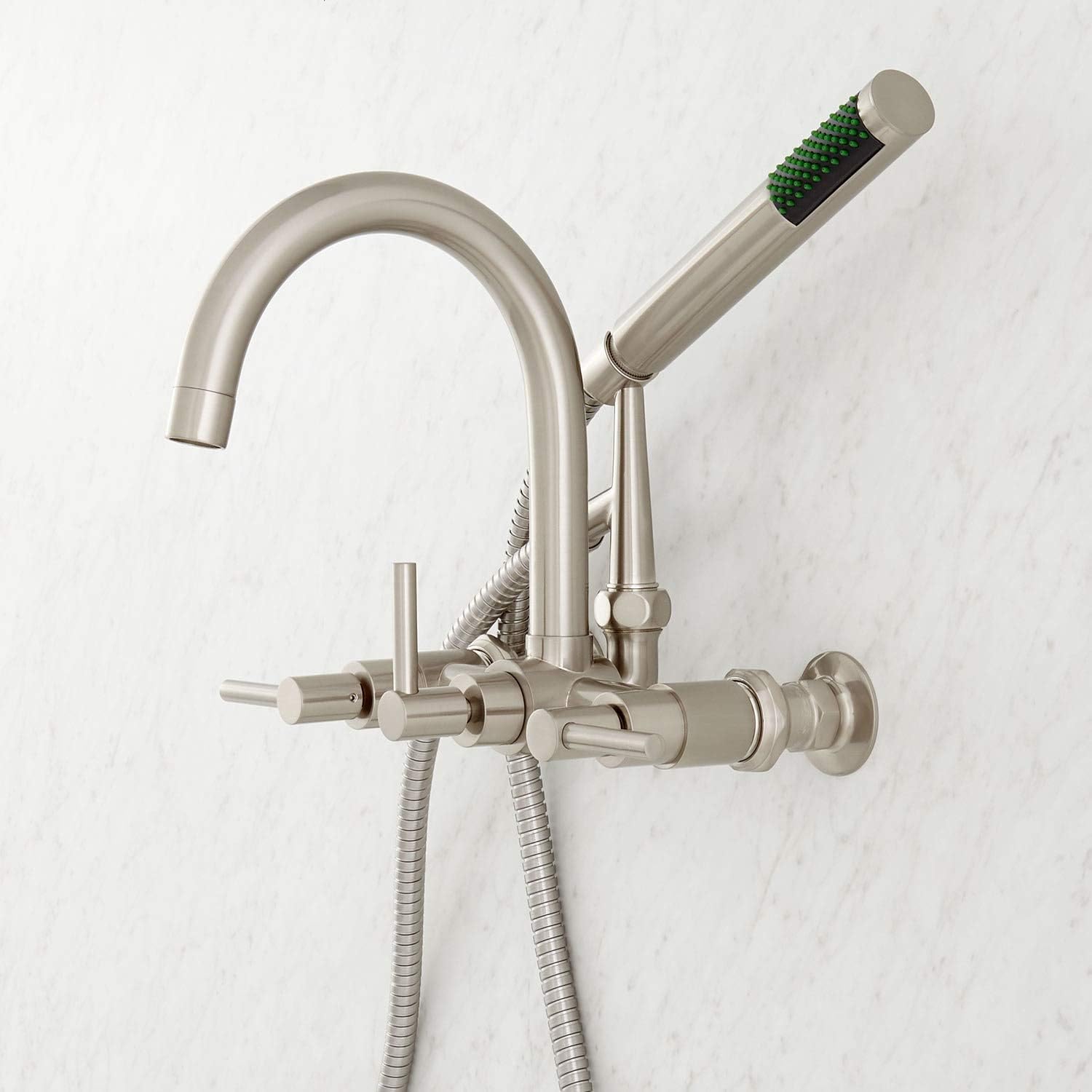Signature Hardware 379106 Sebastian Wall Mounted Tub Filler Faucet with 2" Wall Couplers and Lever Handles - Includes 1.8 GPM Hand Shower, Valve Included - Chrome