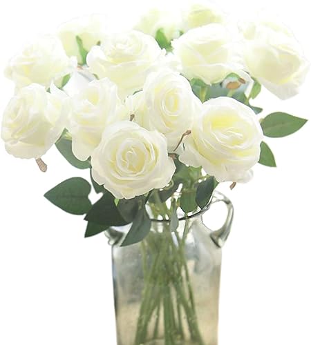 Bringsine Ramo de rosas artificiales de seda realistas, tallo largo para decoración del hogar, boda, fiesta (blanco)