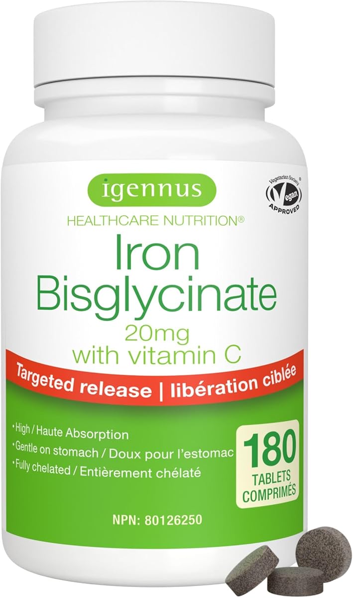 Igennus Healthcare Nutrition Igennus Clean Iron Bisglycinate 20mg with Vitamin C, 6 Month Supply, Chelated Form and Gentle on the Stomach, High Absorption & Targeted Release, One-a-Day, 180 Vegan Tablets, Suitable for Women & Men