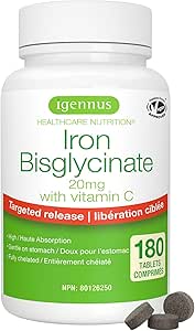 Igennus Clean Iron Bisglycinate 20mg with Vitamin C, 6 Month Supply, Chelated Form and Gentle on the Stomach, High Absorption &amp; Targeted Release, One-a-Day, 180 Vegan Tablets, Suitable for Women &amp; Men