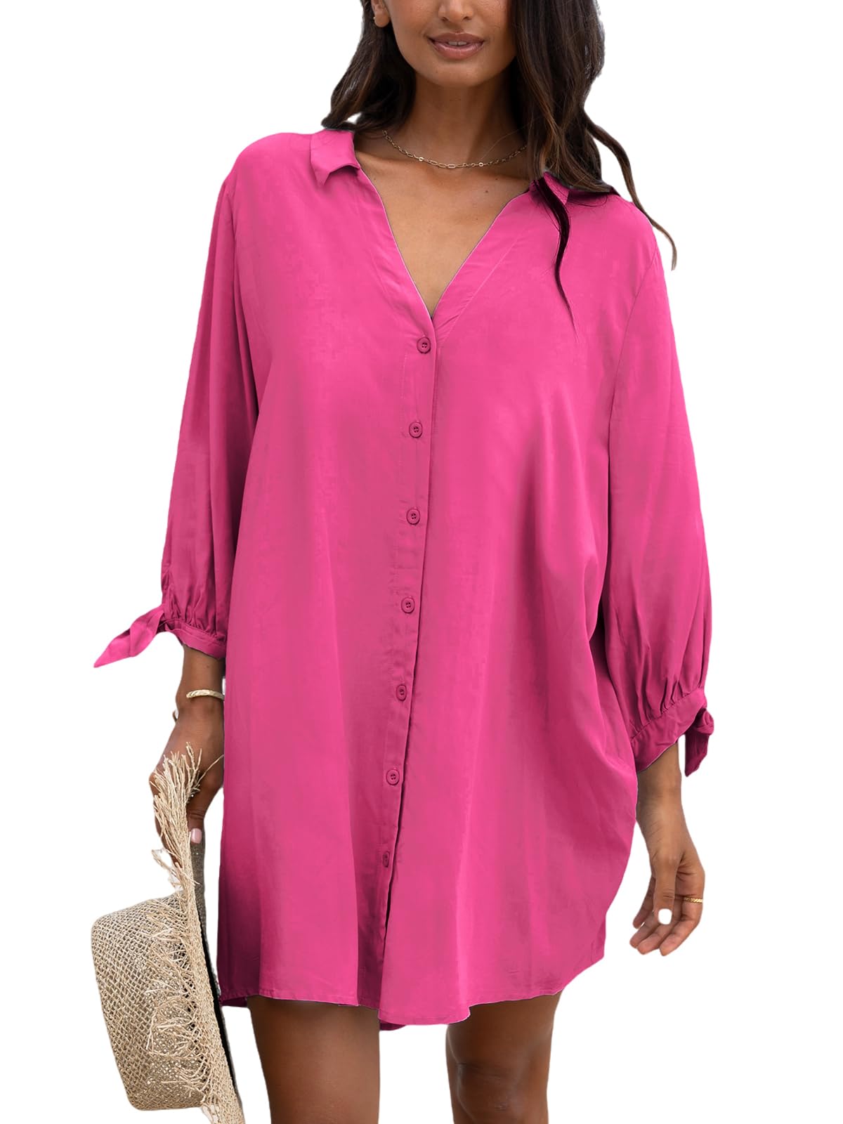 Cupshe Women's Blouse Dress, V-Neck, Long Sleeve, Loose Summer Dress, Casual, Bikini Cover-Up, Shirt Dress