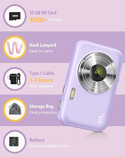 Miniatura 9 de Cámara digital, FHD 1080P para niños con cordón para el cuello, tarjeta de 32 GB, zoom digital antivibraciones 16X, cámaras de disparo de punto de