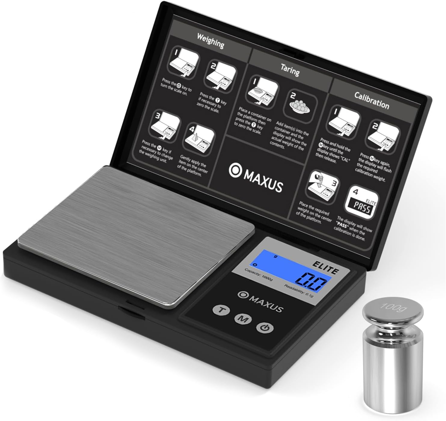 MAXUS Digital Gram Scale with instructions for weighing, taring, and calibration, and a 100g calibration weight.