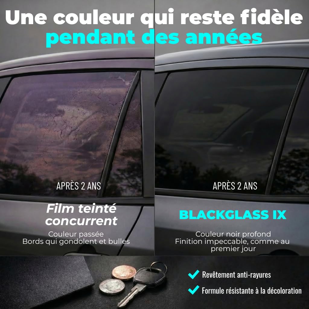 Film Teinté Voiture BLACKGLASS IX® Rouleau de Qualité Pro pour Vitres et Véhicules (5% TLV, 6mx65cm, 2 Épaisseurs, Limo Black) Film Solaire Anti-Reflet Anti-Regard - Mode d’Emploi