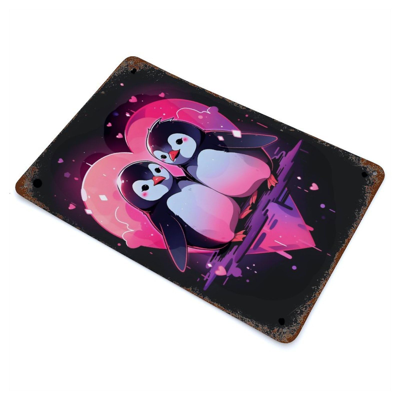 Penguin Lovers Rustic Tin Plaque 11.8"x7.9", for Living Room, Hallway And Home Decor, Decorative Metal Wall Art