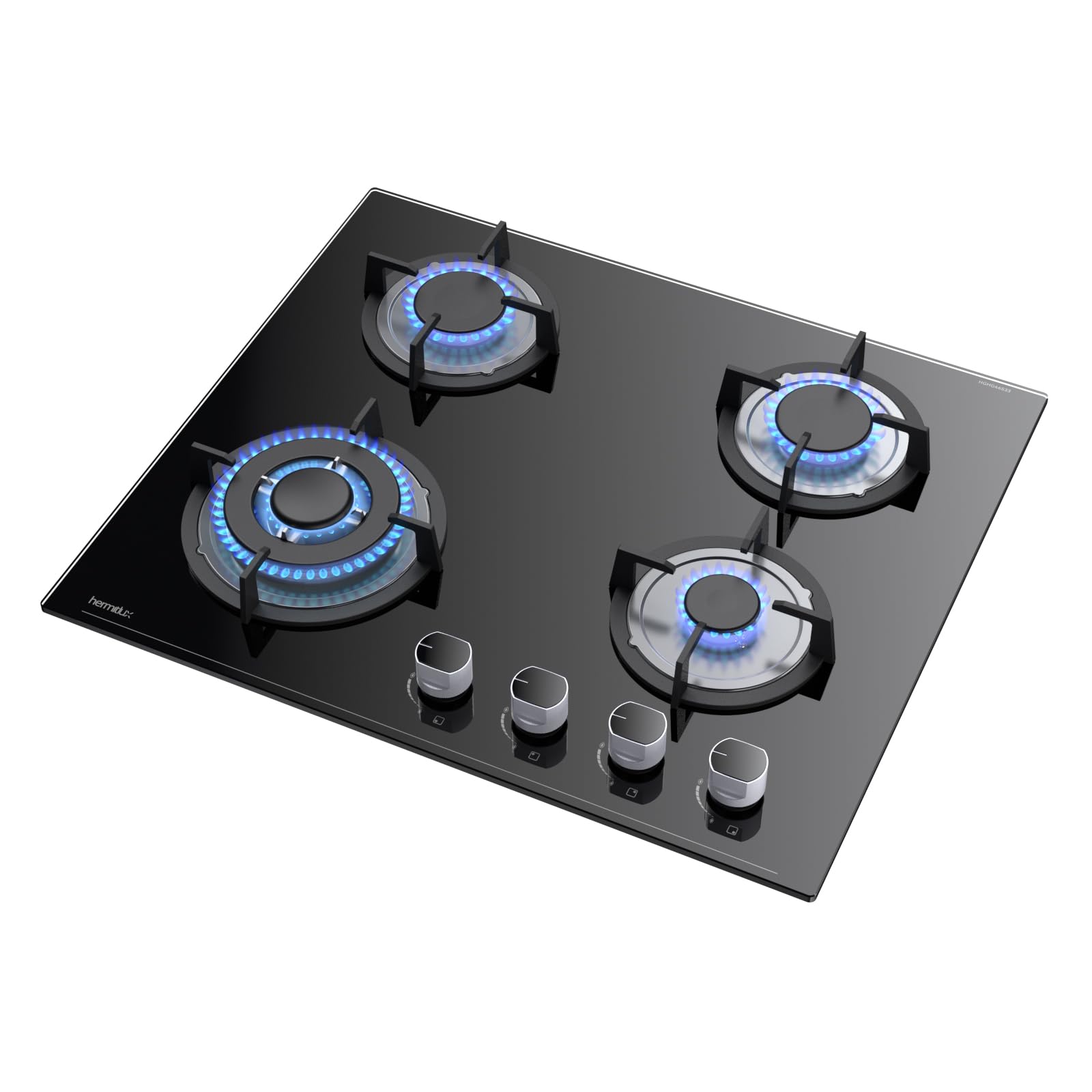 Hermitlux Piano Cottura a Gas 4 Fuochi, 60cm, per Gas Naturale/Propano, Sicurezza con Termocoppia, Vetro Nero