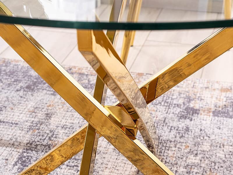 Table à Manger Ronde en Verre Trempé Et 4 Pieds en Métal Doré - D 90 X H 75 Cm