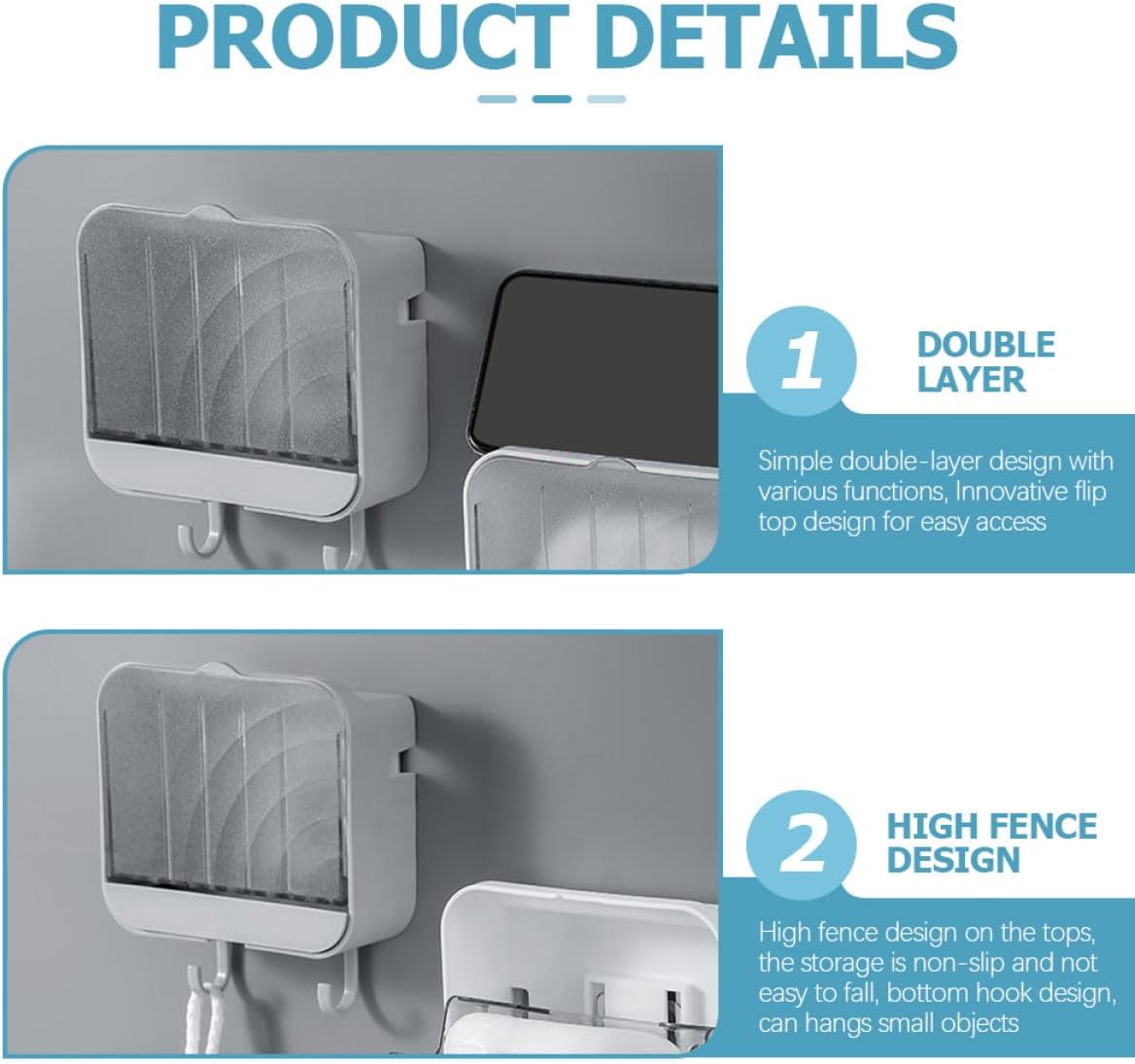 Wall Mounted Soap Holder with Hooks Plastic Self-draining Soap Dish with Dustproof Cover 2pcs Bathroom Shower for Home and Travel | Soap Dish for Shower Bathroom Kitchen Sink and Travel Covered Design Keeps Dry Rustproof Hooks for Hanging Washcloths