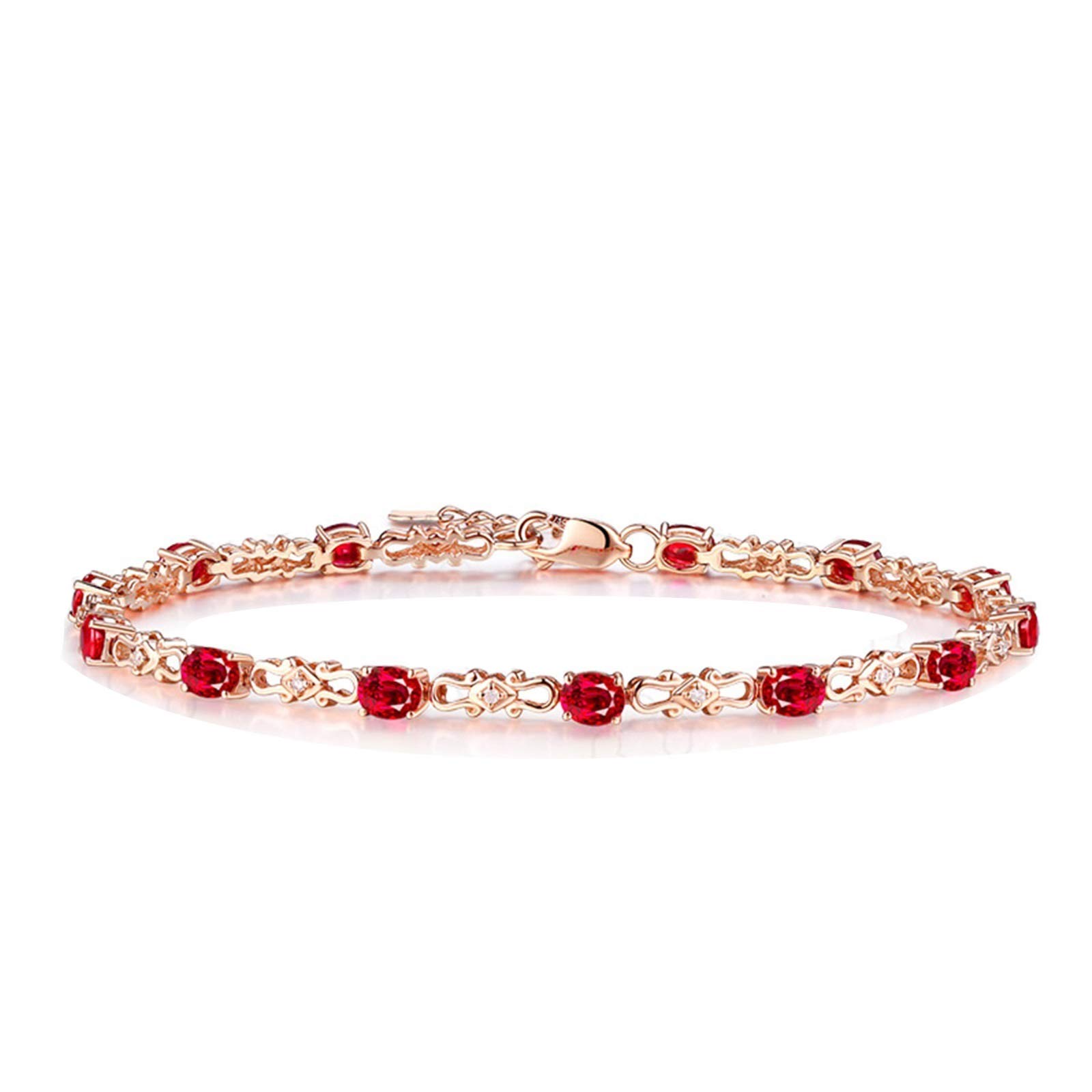 ZH1YFD Pulsera de Cadena de rubíes en Oro Rosa, eslabón de Barra con Pulseras de rubíes de 2,6 CT en Mujeres 17+2 CM