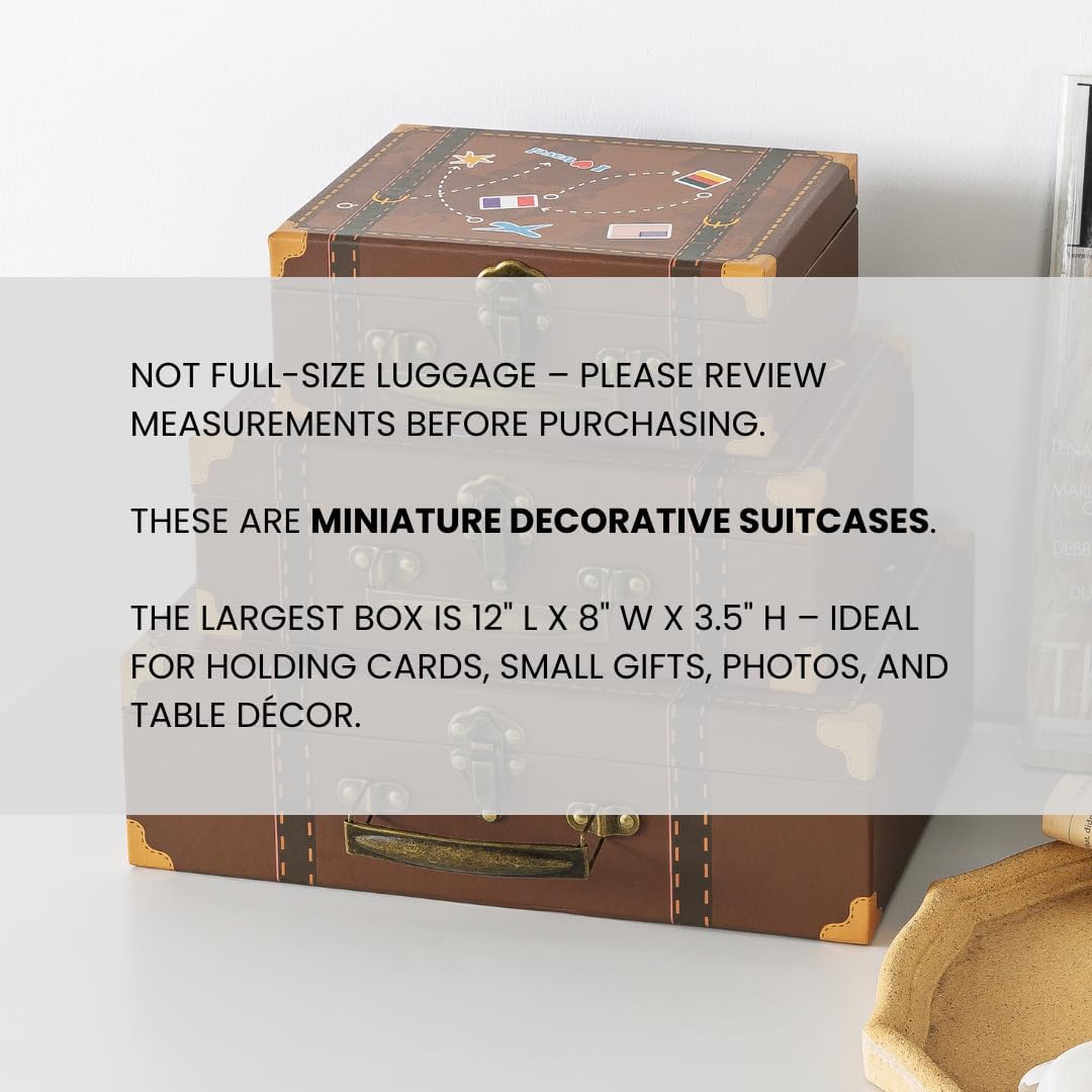 SLPR Small Decorative Suitcase Boxes (Set of 3) – Travel-Themed Paperboard Storage for Gifts, Bridal Shower & Party Décor – Largest Box is 12" x 8" x 3.5