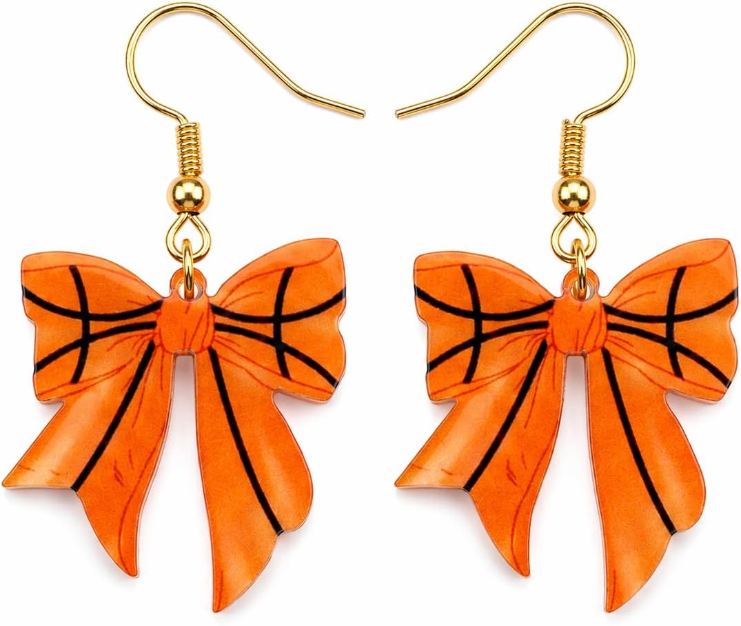 Sports Bow Dangle Earrings for Women, Lightweight Acrylic Game Day Earrings, Baseball Softball Football Basketball Soccer Tennis Bow Drop Earrings, Sports Fan Jewelry Gift