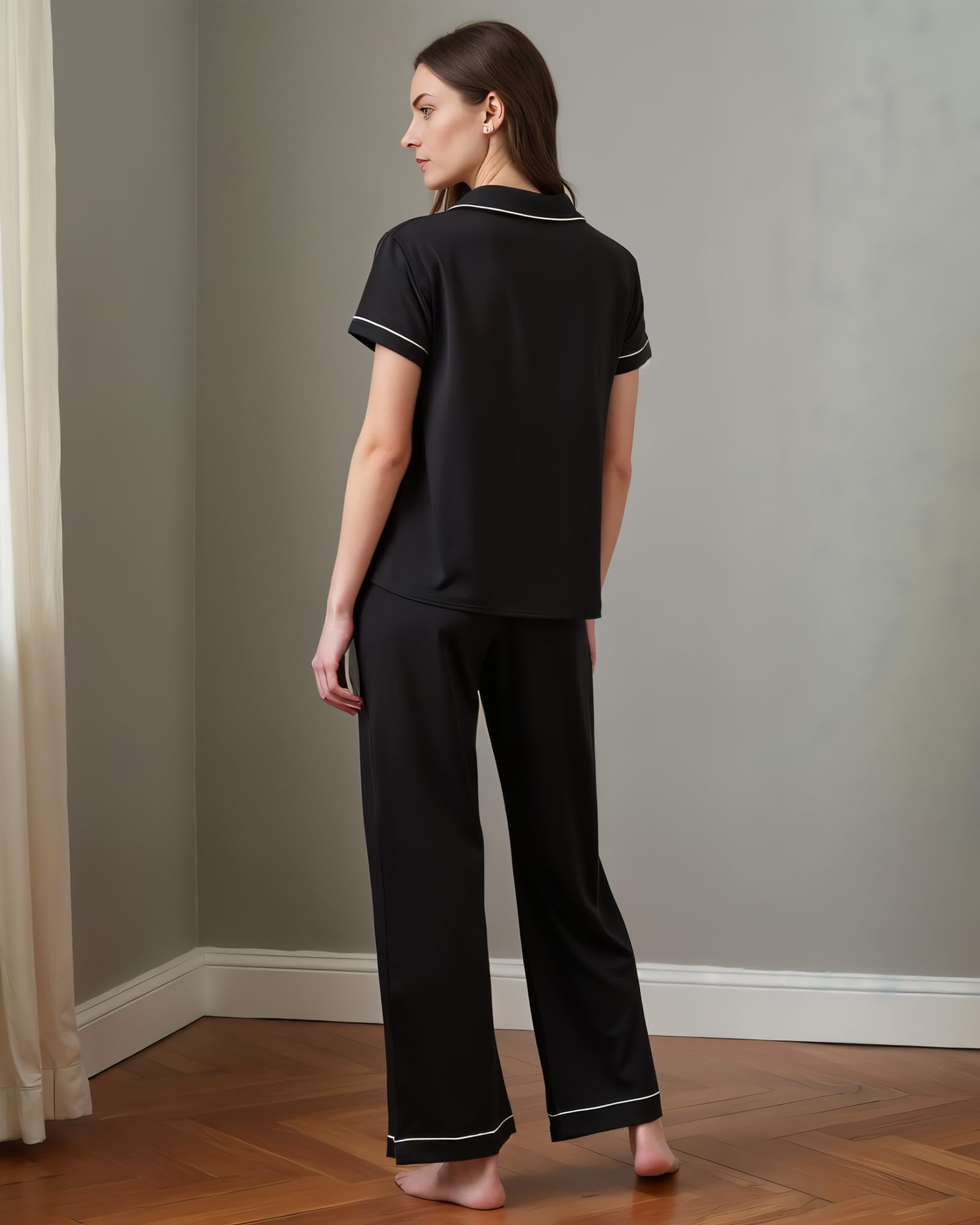BORN Womens Button Down Pajama Set, Short Sleeve PJ Set with Pants | Soft & Breathable (Black, Medium)