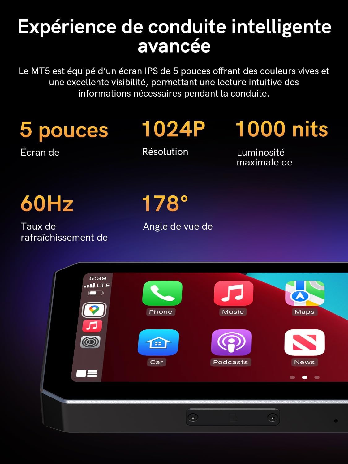 MT5 Motorcycle Smart Navigation System, 5" IPS 60Hz Screen with CarPlay & Android Auto, Built-in GPS, IP68 Waterproof, Front/Rear Cameras Motorcycle Driving Recorder