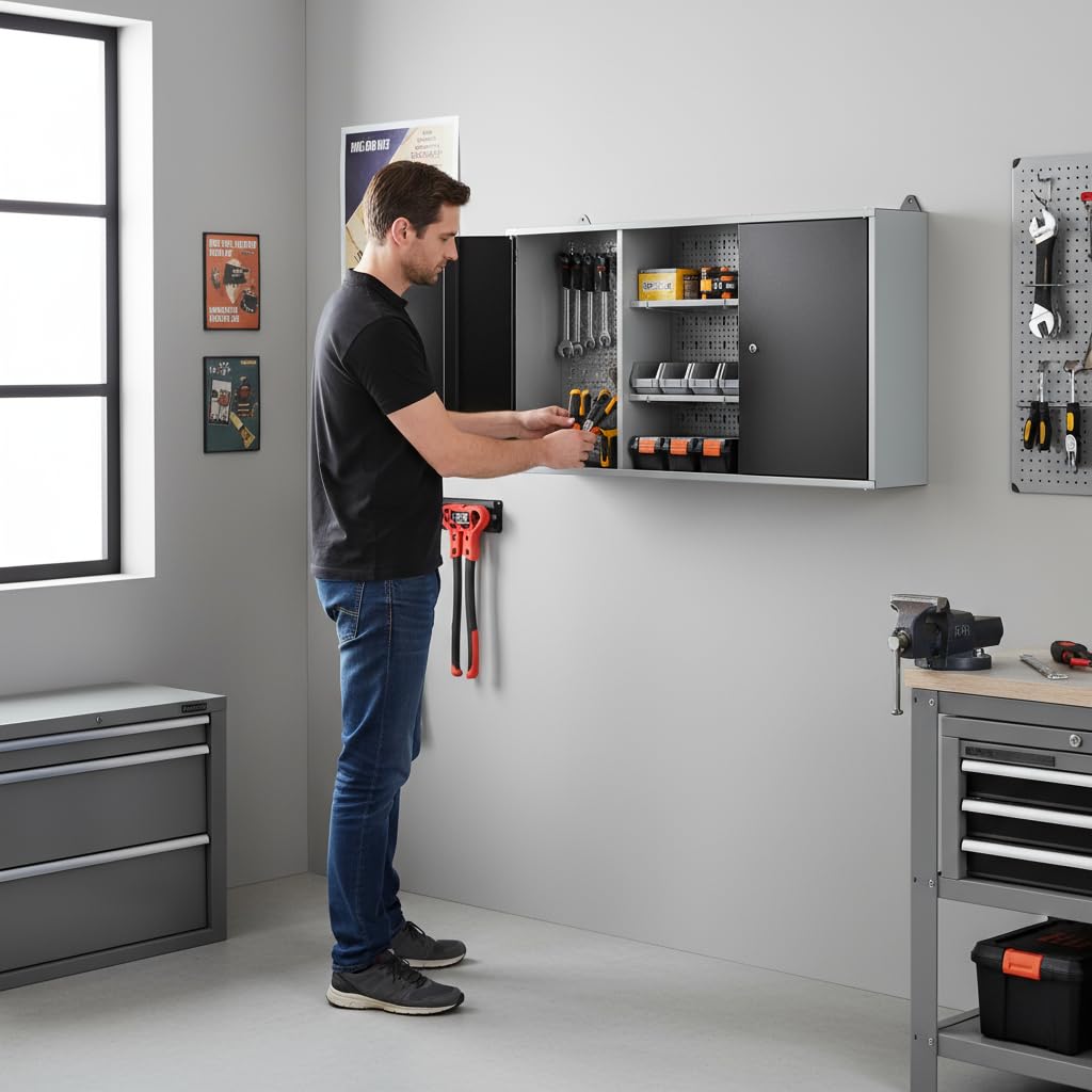 METALL MÖBELL WORKBENCH & TOOLS METALLMOBELL - Armario Metalico de Pared | 120x60x20cm, con Estanterías, Panel Herramientas y Cerradura | Armario Almacenaje, Mueble Almacenaje MB03G