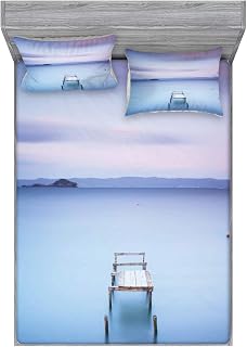 Ambesonne Landscape Fitted Sheet & Pillow Sham Set, Wooden Jetty on Bolsena Lake Italy Long Exposure Photo European Nature View, Decorative Printed 2 Piece Bedding Decor Set, Queen, Pale Blue Lilac