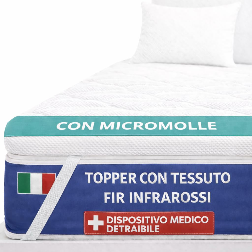 Topper Matrimoniale 7 cm con FIR e Micromolle + Memory Foam, Dispositivo Medico Made in Italy, Sfoderabile Lavabile 30°C, Anallergico Antiacaro, Coprimaterasso Matrimoniale (160x190)