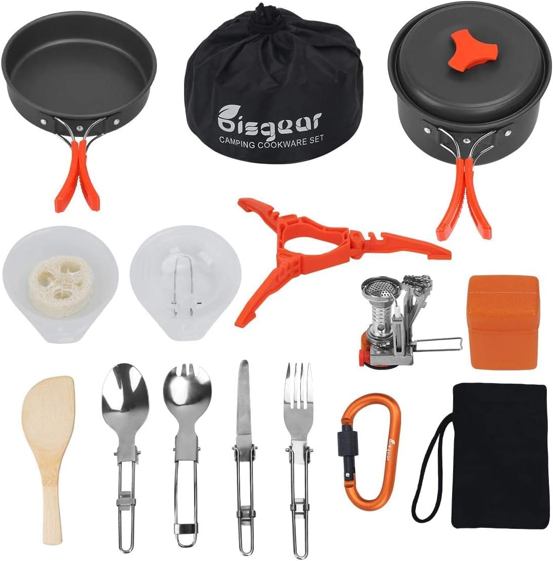 Bisgear 17Pcs Camping Cookware Stove Carabiner Canister Stand Tripod Folding Spork Set Outdoor Camping Hiking Backpacking Non-Stick Cooking Picnic Knife Spoon (Orange) : Sports & Outdoors