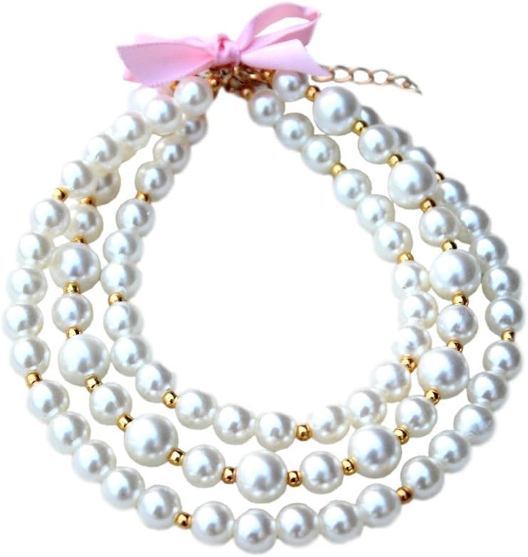 PET SHOW Fashion Three Layers Ivory Faux Pearl Bling Pet Cat Puppy Small Dog Necklace Collar Jewelry Grooming Costume Accessories Size S…