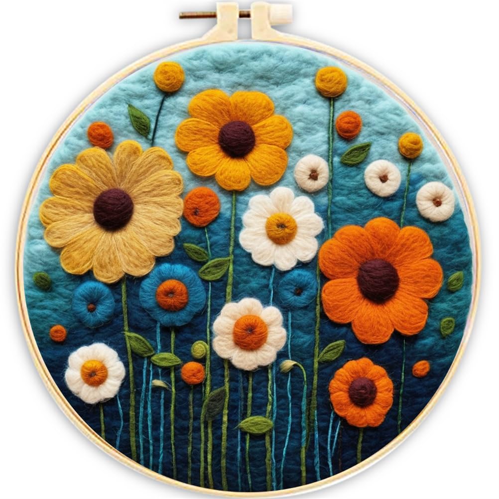 Meecaa Flower Diy Needle Felting Kit For Beginners, Including Wool Felt Supplies, Embroidery Hoops,Beautiful Wool Painting And Needle Felting Tools (Flower)