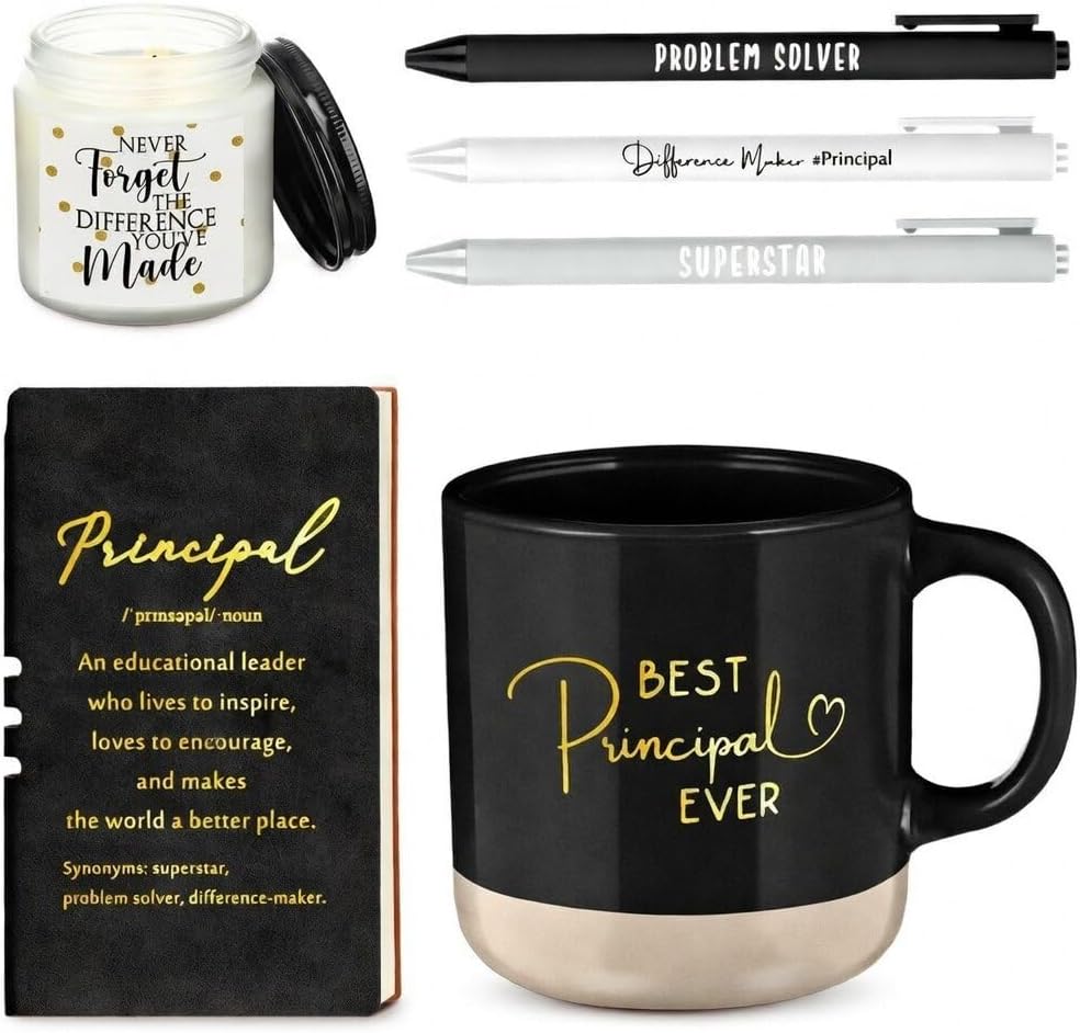 Didaey 7 Pcs Best Principal Ever Gifts for Women Men Thank You Principal 13oz Ceramic Cup Journal with Inspirational Candle Ballpoint Pens Appreciation Day Graduation, Black