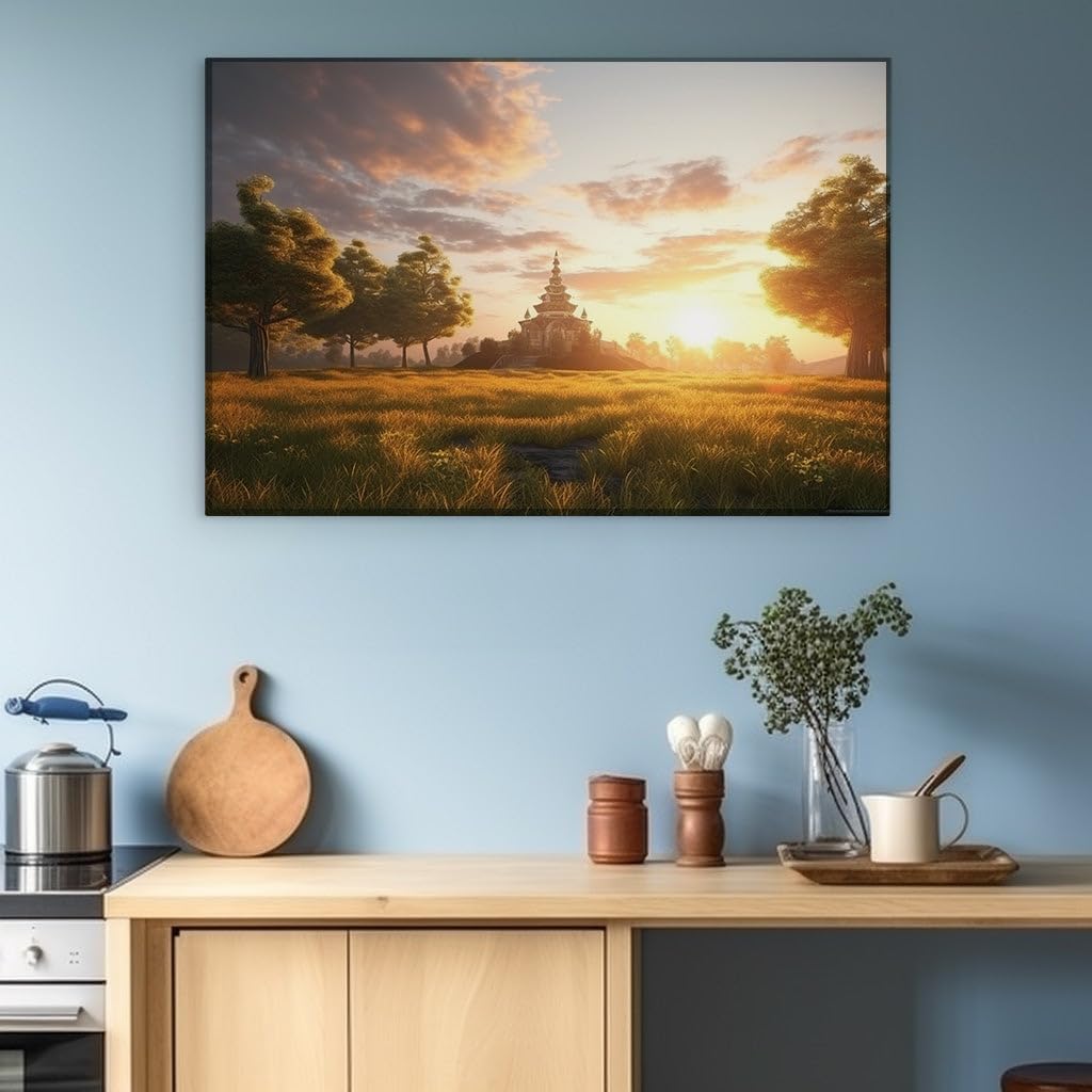 Canvas for Living room. Sunset Serenity at the Temple Fields: A Golden Path to Tranquility, 27 x 18 inch Canvas Wall Art - Surrealistic Visions - Modern Home Decor - 69x46 cm (27x18 inch)