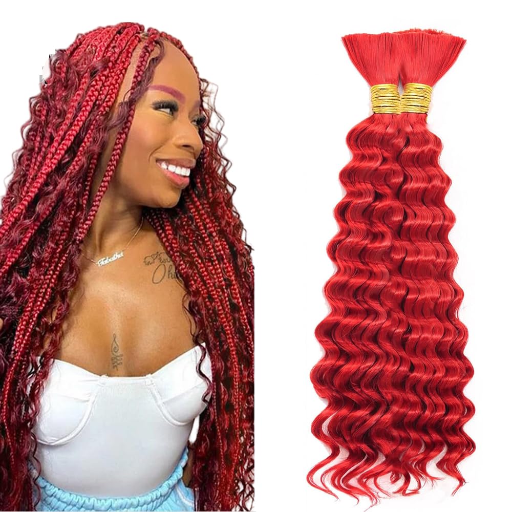 Tuheerst Pre Stretched Braiding Human Hair 28 28 Inch #Red Color Deep wave 50g/Bundle Total 100g Unprocessed No Weft Boho Braids Human Hair Extension Dark Blonde Color