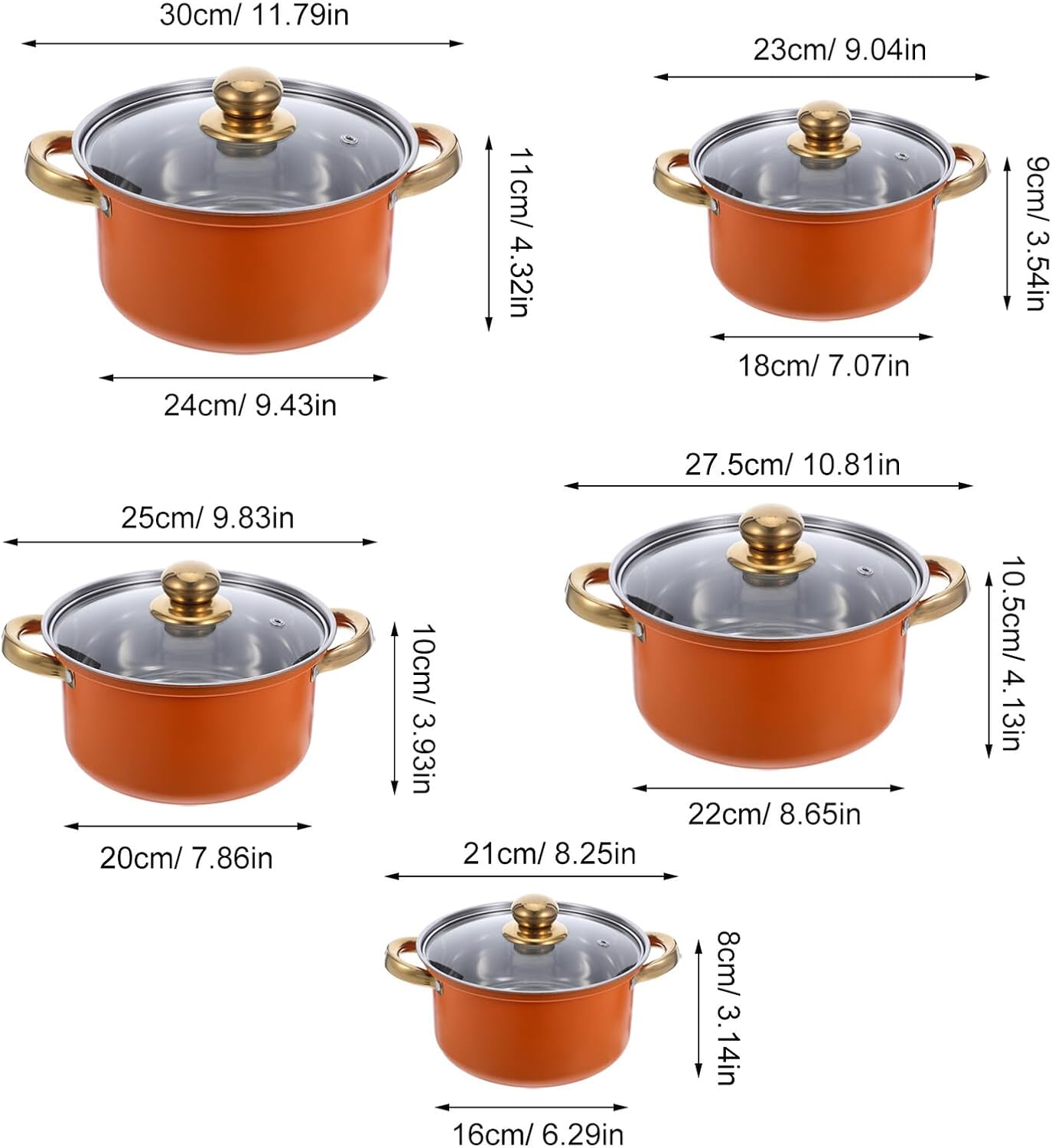 10pcs Stainless Steel Cookware Set with Stock Pot and Saucepan, Induction Compatible Kitchen Pot Set with Orange Handles, Glass Lids for Cooking Soup, Stew, and Pasta