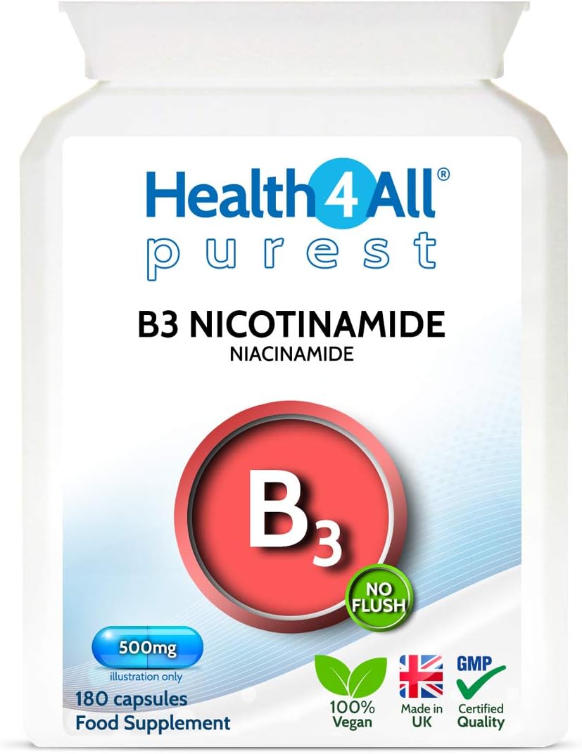 Health4All Vitamin B3 Niacin as Nicotinamide (Niacinamide) 500mg 180 Capsules, Purest, No Additives, Vegan