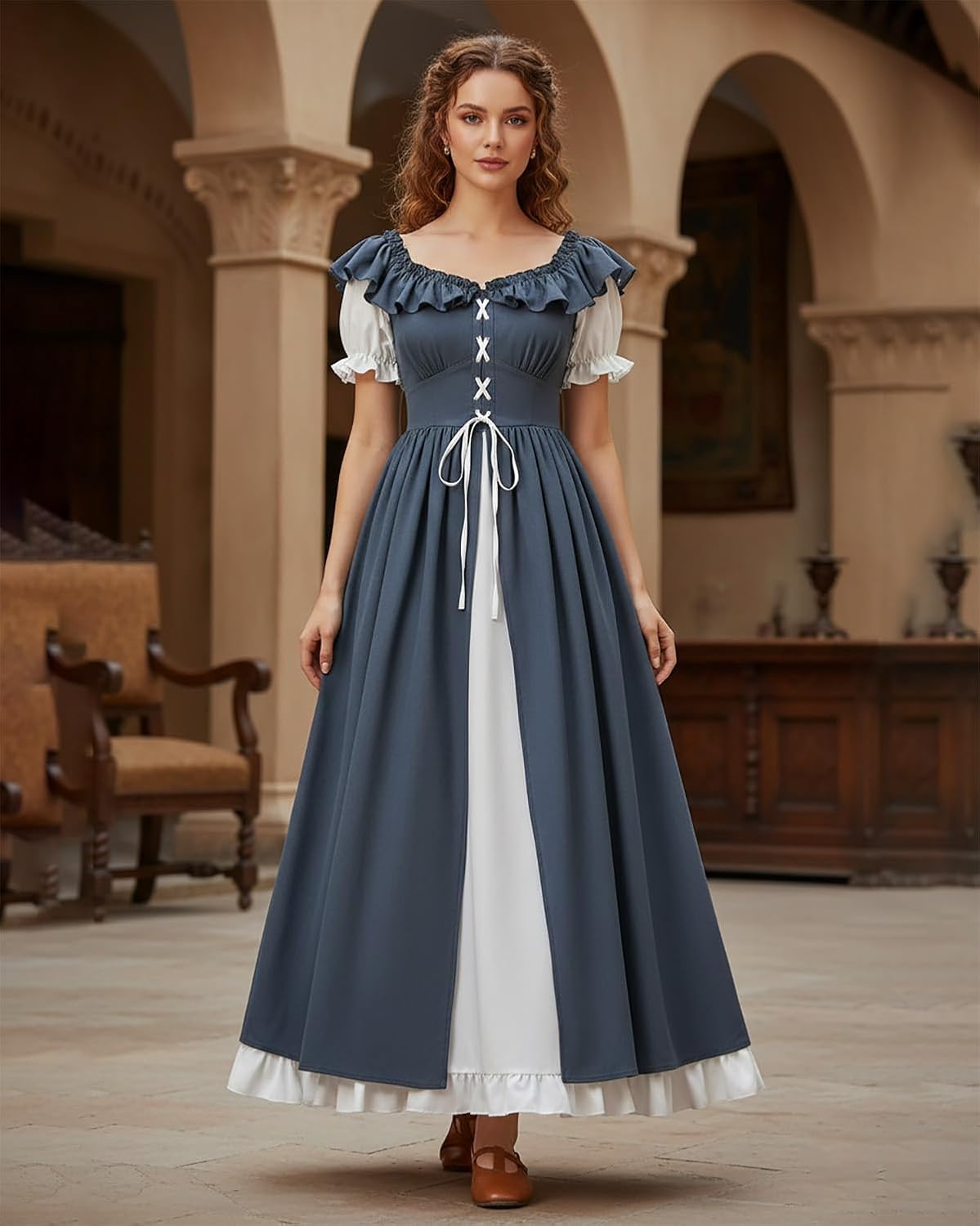 LTAKK Renaissance Dress Women Medieval Costume Lace Up Puff Sleeves Maxi Ren Faire Dresses