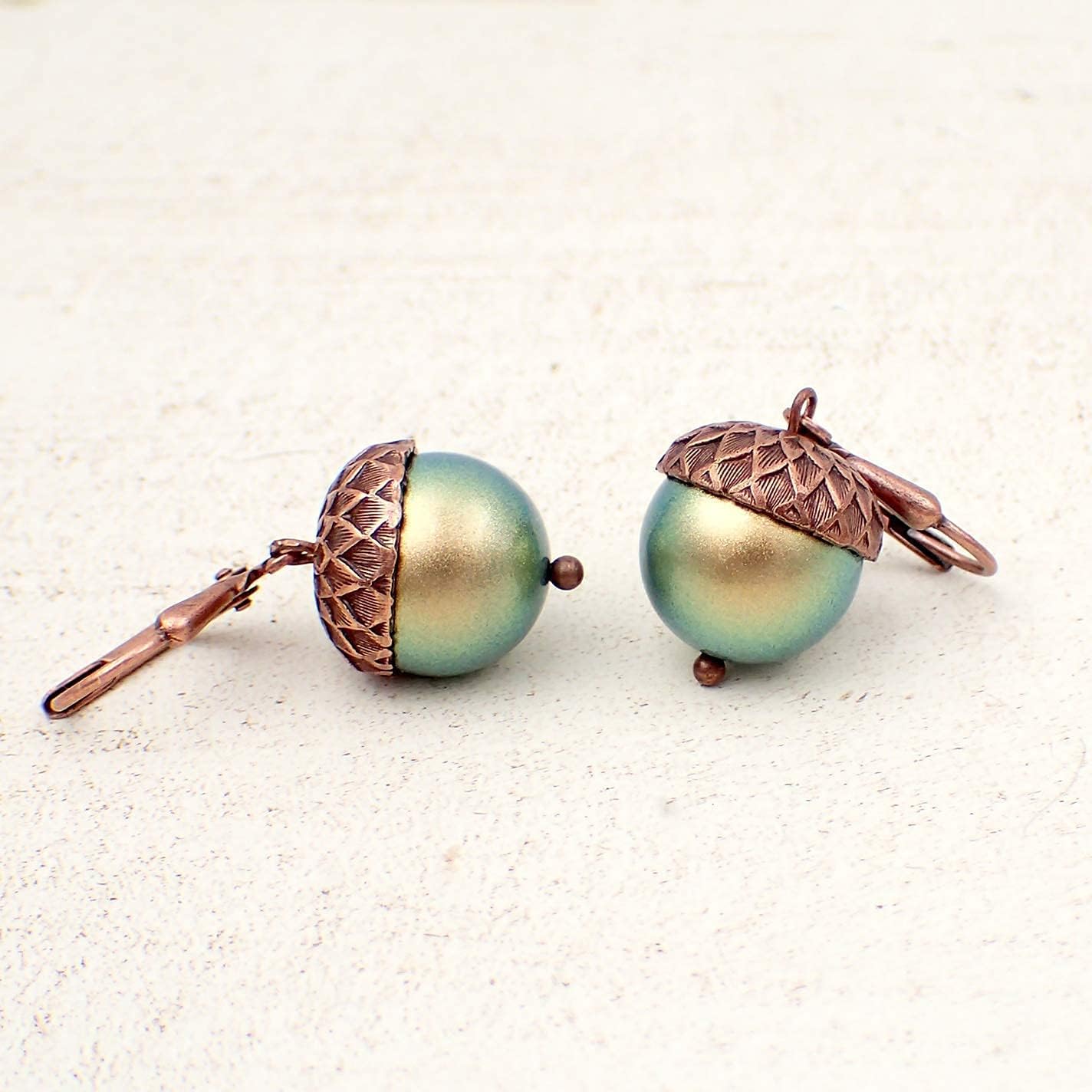 Acorn Earrings with Light Green Crystal Simulated Pearls